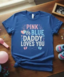 Pink Or Blue Daddy Loves You text with baby footprints and hearts on a royal blue t-shirt