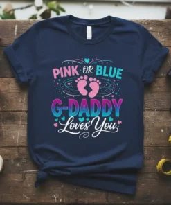 Pink or Blue G-Daddy Loves You gender reveal t-shirt with baby footprints and hearts