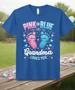 Pink or Blue Grandma Loves You gender reveal t-shirt with pink and blue baby footprints
