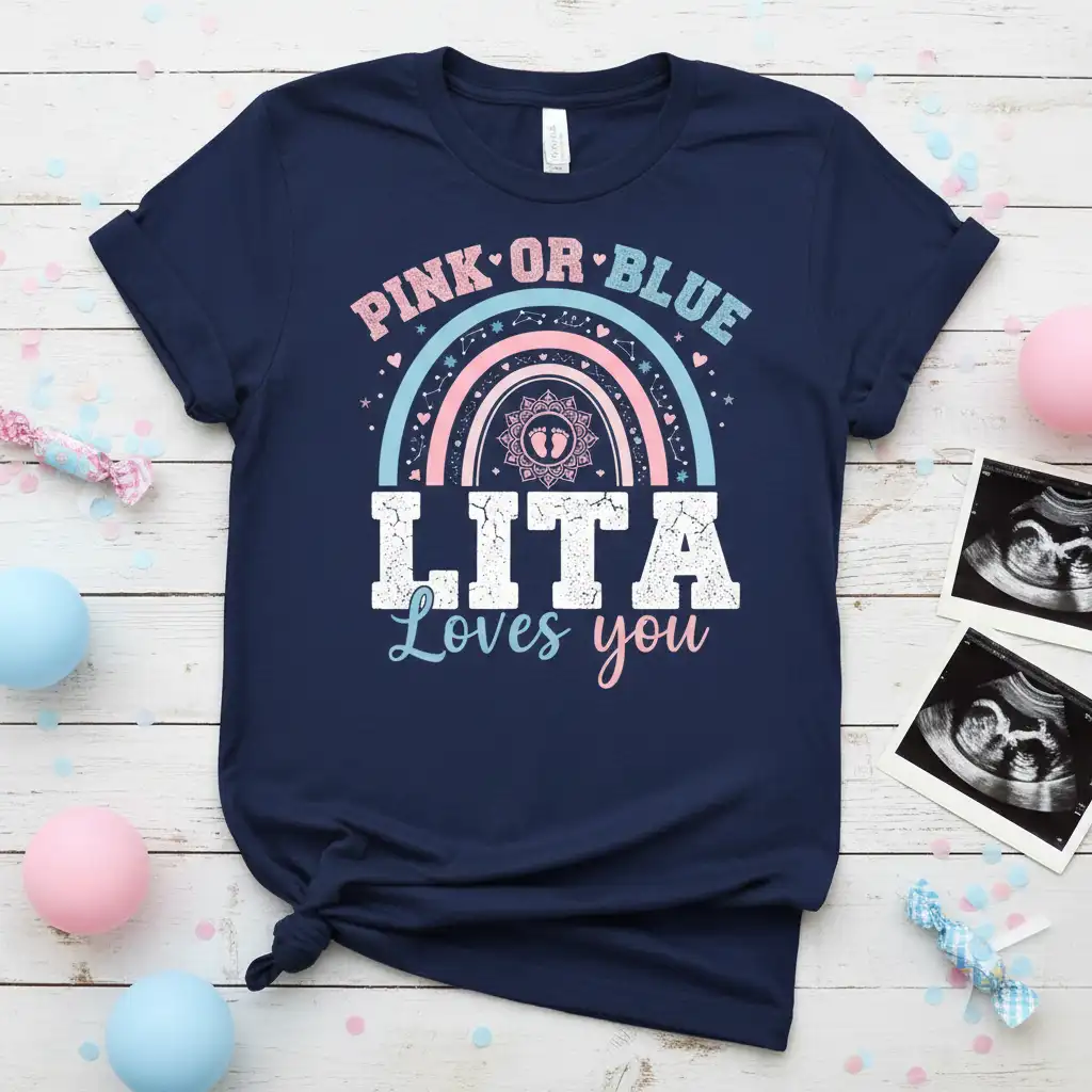 Pink or Blue Lita Loves you text with rainbow, gender reveal baby announcement t-shirt design