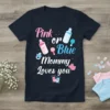 Pink or Blue Mommy Loves you text with baby bottles, pacifier, and rattles on a navy t-shirt for gender reveal