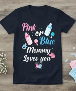 Pink or Blue Mommy Loves you text with baby bottles, pacifier, and rattles on a navy t-shirt for gender reveal