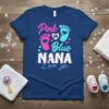 Pink or Blue Nana loves you gender reveal t-shirt with baby footprints and hearts graphic