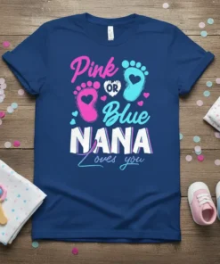 Pink or Blue Nana loves you gender reveal t-shirt with baby footprints and hearts graphic