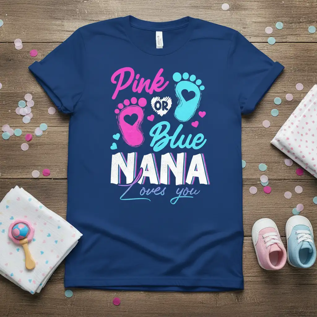 Pink or Blue Nana loves you gender reveal announcement t-shirt design with baby footprints