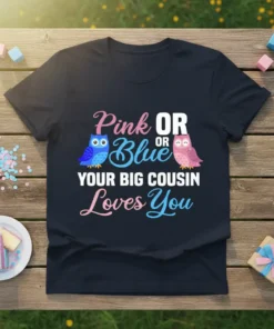 Pink OR Blue YOUR BIG COUSIN Loves You text with blue and pink owls graphic on a t-shirt