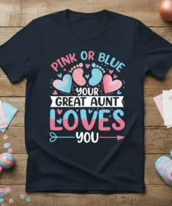 Pink or Blue Your Great Aunt Loves You gender reveal t-shirt with baby footprints and hearts design