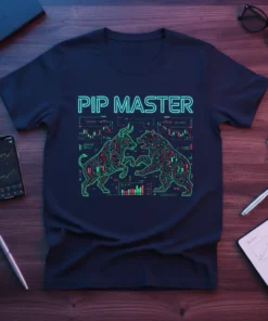 Pip Master t-shirt design featuring a bull and bear in a circuit board style, surrounded by stock market charts and
