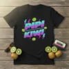 Pipi Kiwi text in neon gradient with kiwi fruit graphics and lightning bolts on a black t-shirt, 80s retro style