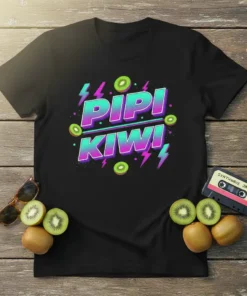 Pipi Kiwi text in neon gradient with kiwi fruit graphics and lightning bolts on a black t-shirt, 80s retro style