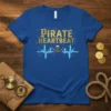 Pirate Heartbeat T-Shirt with gold lettering and a neon blue skull and crossbones EKG graphic