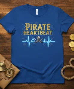 Pirate Heartbeat T-Shirt with gold lettering and a neon blue skull and crossbones EKG graphic