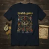 Pirate Legends Blood Gold Glory t-shirt design with 12 illustrated pirate portraits and a central skull graphic