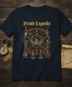 Pirate Legends Blood Gold Glory t-shirt design with 12 illustrated pirate portraits and a central skull graphic