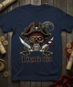 Pirate Sis t-shirt design with a detailed pirate skull, crossed swords, and steampunk gears, featuring the text "Pirate Sis"