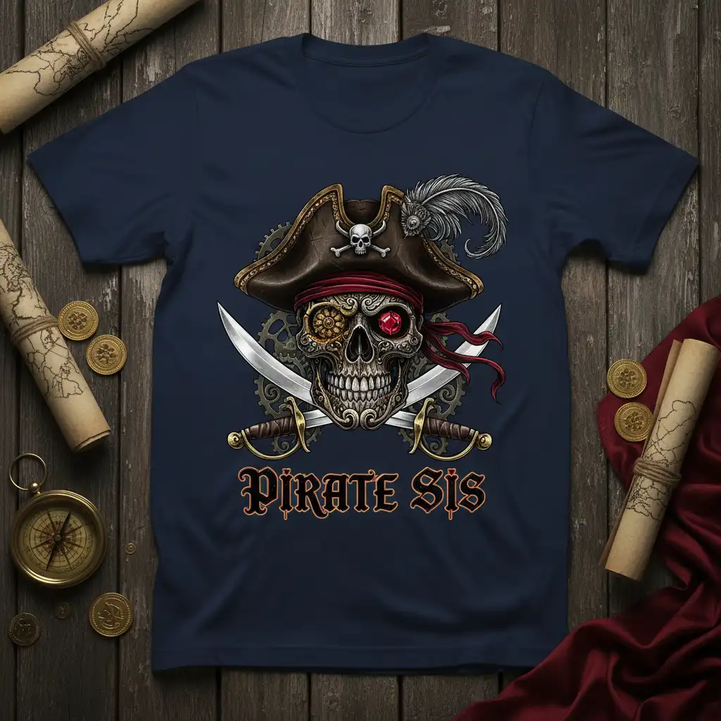 Pirate Sis text with a detailed pirate skull graphic, crossed swords, and steampunk gears on a navy t-shirt