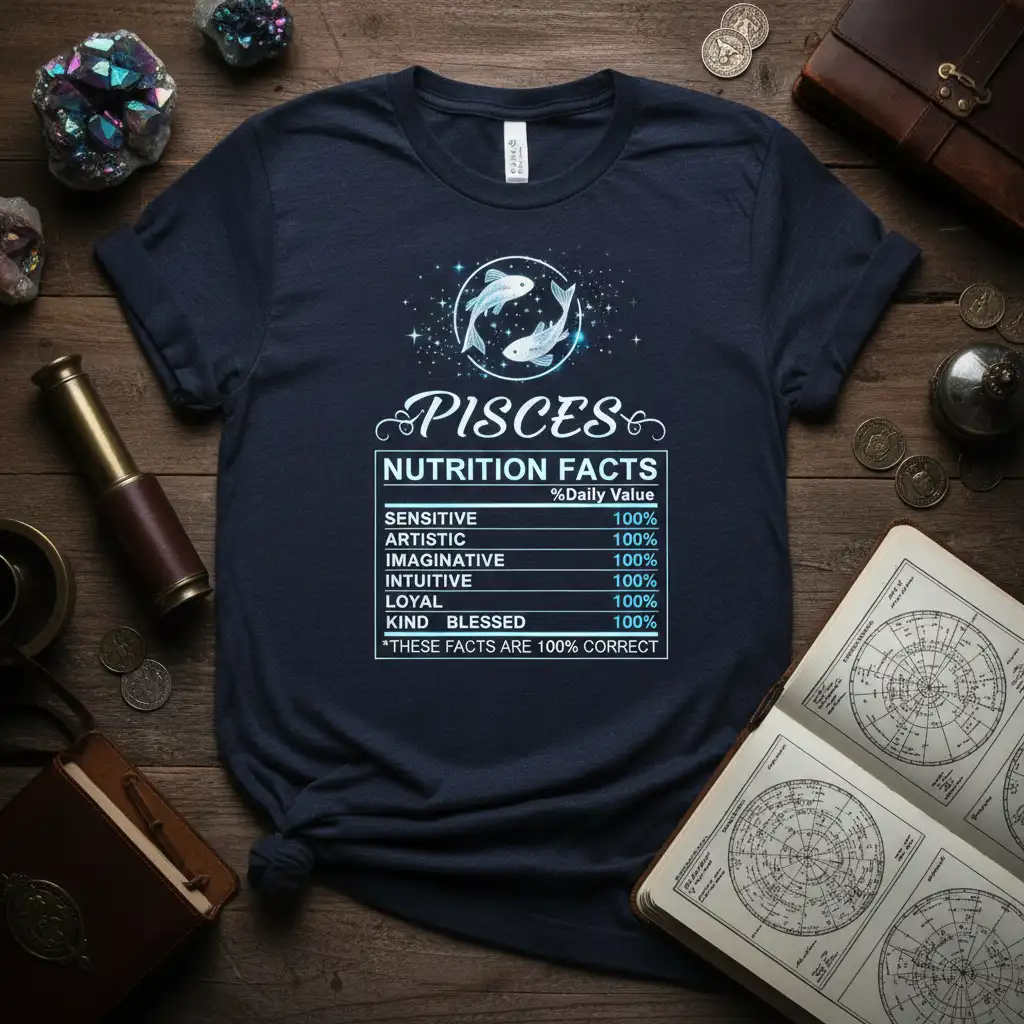 PISCES NUTRITION FACTS SENSITIVE quote printed with unique artwork on comfortable cotton fabric t-shirt design