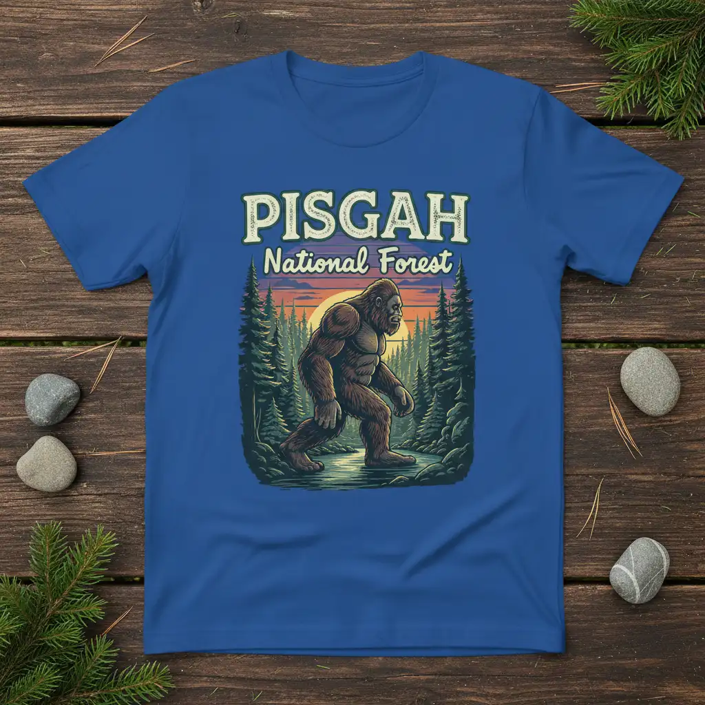Pisgah National Forest Bigfoot graphic tee with sunset forest backdrop and bold text