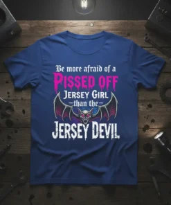 T-shirt design featuring the text "Be more afraid of a PISSED OFF JERSEY GIRL -than the- JERSEY DEVIL" with a