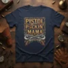 Pistol Packin' Mama t-shirt design with vintage pistols and ornate golden lettering