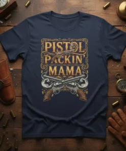 Pistol Packin' Mama t-shirt design with vintage pistols and ornate golden lettering