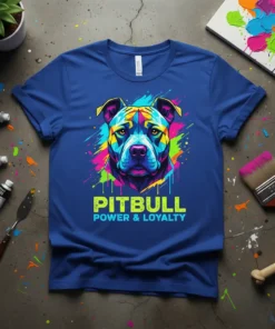 Pitbull Power & Loyalty T-Shirt featuring a colorful, abstract Pitbull portrait with the text "PITBULL POWER & LOYALTY" in bold