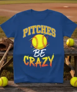 Pitches Be Crazy softball t-shirt design with a yellow softball and bold yellow and orange text