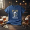 Blue t-shirt with "Pivo Prosim" text and a foaming beer mug graphic, perfect for beer lovers