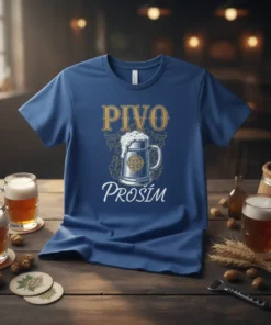 Blue t-shirt with "Pivo Prosim" text and a foaming beer mug graphic, perfect for beer lovers
