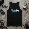 Black tank top with bold white Cyrillic text "ПИЗДЕЦ" in the center, surrounded by orange and blue jagged shapes and