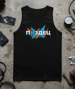 Black tank top with bold white Cyrillic text "ПИЗДЕЦ" in the center, surrounded by orange and blue jagged shapes and