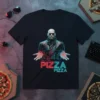 Black t-shirt featuring the "Pizza Pizza" text design inspired by a movie scene, with two slices of pizza
