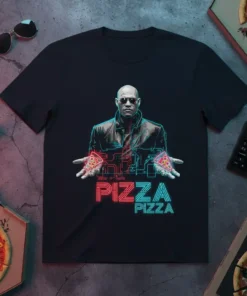 Black t-shirt featuring the "Pizza Pizza" text design inspired by a movie scene, with two slices of pizza