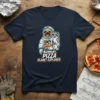 Pizza Planet Explorer text with a pug astronaut eating pizza on a navy t-shirt