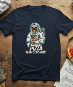 Pizza Planet Explorer text with a pug astronaut eating pizza on a navy t-shirt