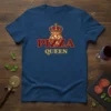 Pizza Queen text with crown and pizza graphic on a blue t-shirt