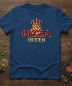 Pizza Queen text with crown and pizza graphic on a blue t-shirt
