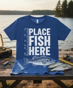 Blue t-shirt with white text "Place Fish Here" and a bass fish graphic, featuring a measuring scale on the left