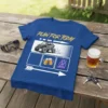 Blue t-shirt with "Plan For Today" design showing a UTV, two beer mugs, and a couple embracing, with an arrow