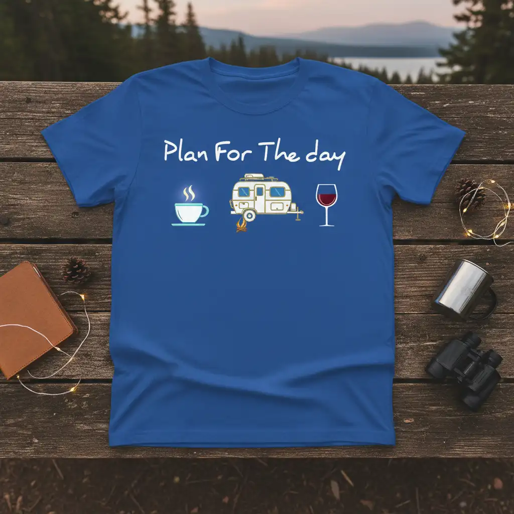 Plan For The Day graphic tee with coffee, camper, and wine icons for campers