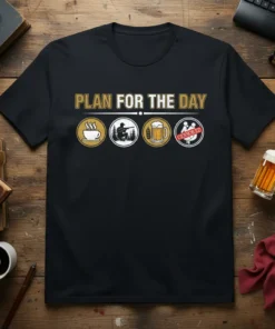 Plan For The Day Coffee Hunting Beer Censor t-shirt design with icons for coffee, hunting, beer, and censored fun