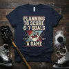Navy t-shirt with "PLANNING TO SCORE 6-7 GOALS A GAME" text and a hockey player graphic