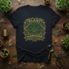 Plant Manager t-shirt design with a green cannabis leaf emblem and ornate border