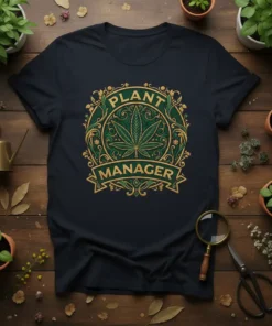 Plant Manager t-shirt design with a green cannabis leaf emblem and ornate border