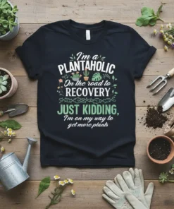 Black t-shirt with white and green text: "I'm a Plantaholic On the road to Recovery Just Kidding, I'm on my