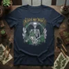 Plants Not People skeleton graphic t-shirt with intricate green foliage design and golden decorative border