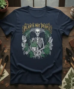 Plants Not People skeleton graphic t-shirt with intricate green foliage design and golden decorative border