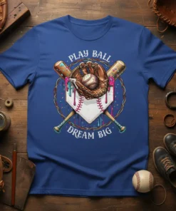Play Ball Dream Big baseball t-shirt with crossed bats, glove, and ball graphic