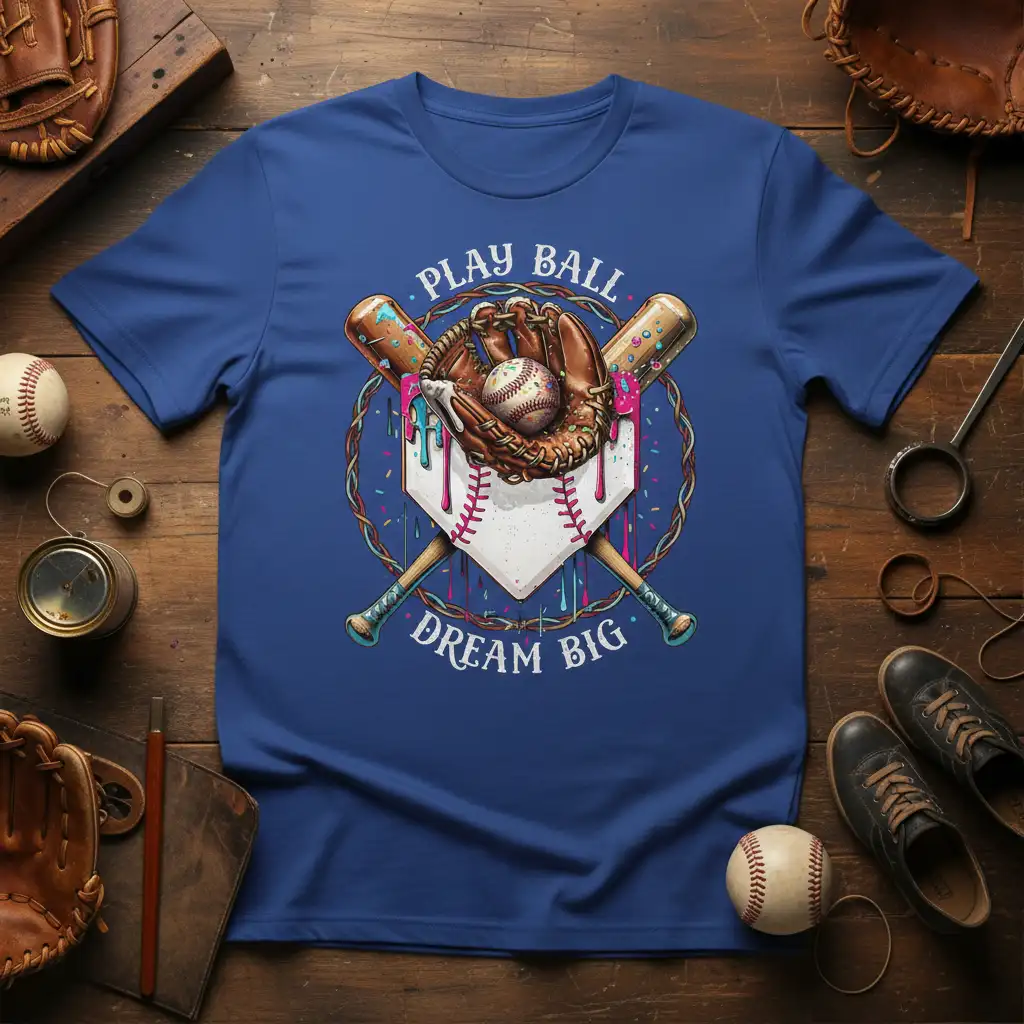 Play Ball Dream Big motivational baseball design with crossed bats and glove graphic