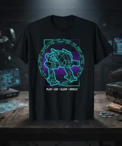 PLAY * EAT * SLEEP * REPEAT t-shirt design with a neon-outlined mech graphic and circular text